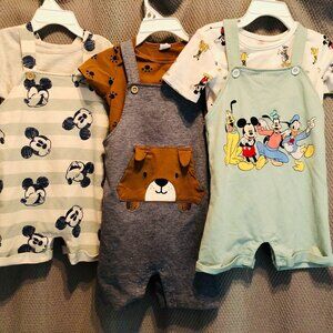 Lot of 3 Disney Baby & PI Baby Mickey & Friends Overall Outfits Set 24M Toddler